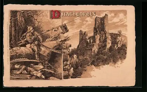 Lithographie Drachenfels, Blick auf Burgruine, Ritter auf Pferd, Drache