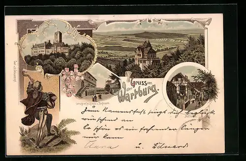 Lithographie Eisenach, Blick auf Wartburg, Hofraum, Landgrafenhaus, Barde