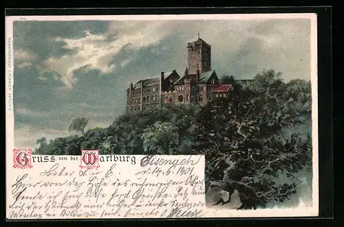 Lithographie Eisenach, Blick auf Wartburg