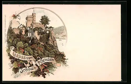 Lithographie Rheinstein, Blick auf Schloss Rheinstein