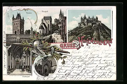 Lithographie Hohenzollern, Schloss Hohenzollern, Burghof, Thorturm, Adlerthor, Grafensaal