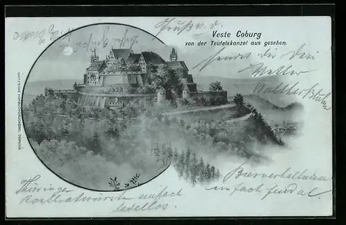 Mondschein-Lithographie Coburg, Blick auf Veste Coburg von der Teufelskanzel aus, Schloss