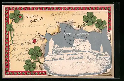 Präge-Lithographie Coburg, Blick auf Veste Coburg von Westen, Schloss, Glücksklee, Marienkäfer