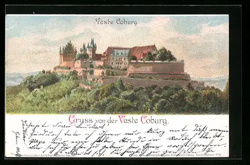 Lithographie Coburg, Blick auf Veste Coburg, Schloss