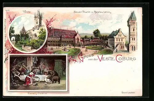 Lithographie Coburg, Veste Coburg, Neuer Thurm u. Restauration, Bären-Scene