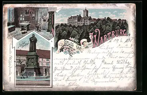 Lithographie Eisenach, Blick auf Wartburg, Lutherstube, Luther-Denkmal