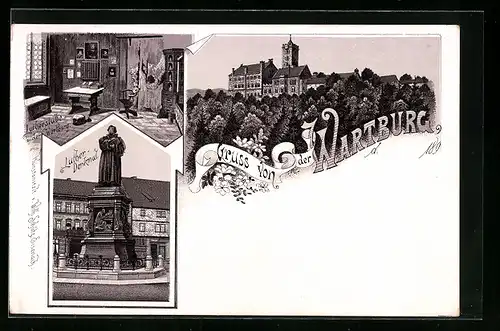 Lithographie Eisenach, Blick auf Wartburg, Lutherstube, Luther-Denkmal