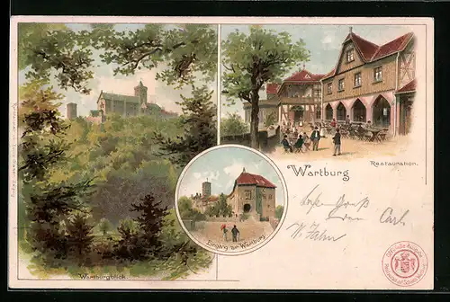 Lithographie Eisenach, Wartburgblick, Eingang zur Wartburg, Restauration