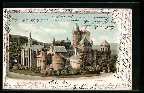 Lithographie Wilhelmshöhe, Blick auf Löwenburg