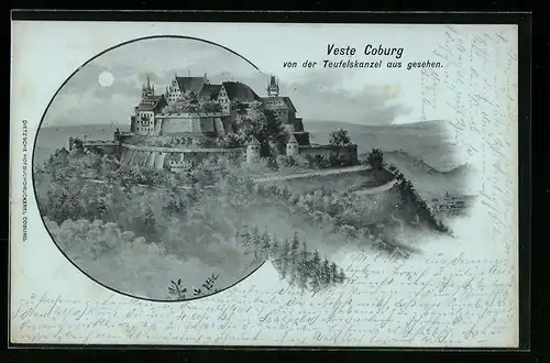 Mondschein-Lithographie Coburg, Veste Coburg von der Teufelskanzel aus gesehen