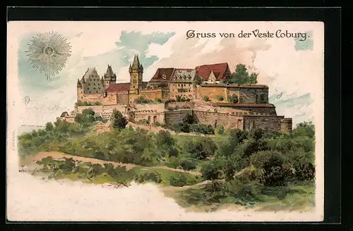 Lithographie Coburg, Blick auf Veste Coburg