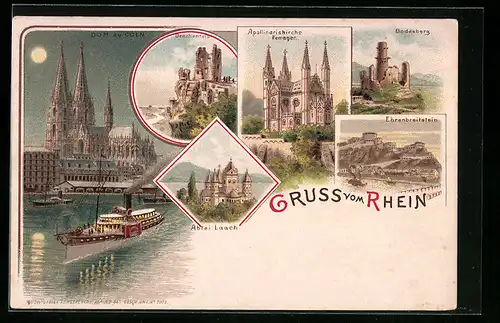 Lithographie Cöln, Drachenfels, Godesberg, Ehrenbreitstein, Dom, Abtei Laach, Apollinariskirche