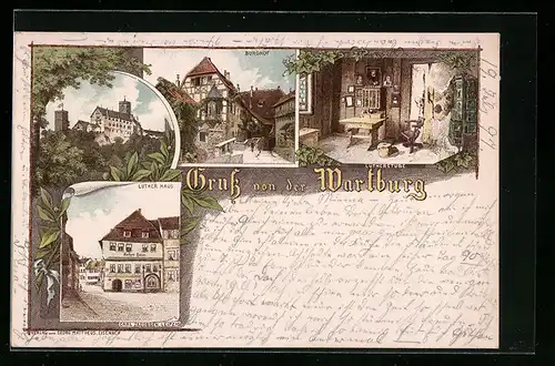Lithographie Eisenach, Wartburg, Burghof, Lutherstube, Luther Haus