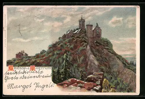 Lithographie Eisenach, Blick auf Wartburg
