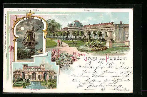Lithographie Potsdam, Sanssouci, Windmühle, Orangerie