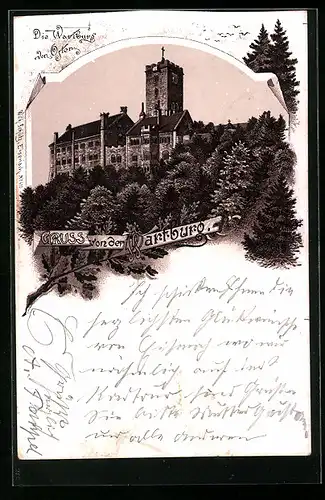 Lithographie Eisenach, Blick auf Wartburg von Osten