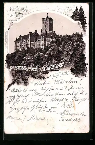Lithographie Eisenach, Wartburg von Osten
