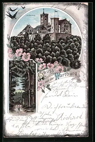 Lithographie Eisenach, Die Wartburg, Hohe Sonne