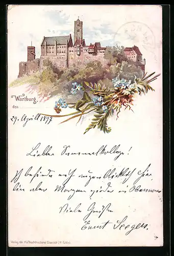 Lithographie Eisenach, Die Wartburg, Blumen