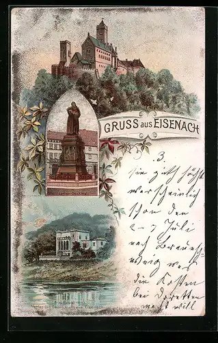 Lithographie Eisenach, Die Wartburg, Luther-Denkmal, Fritz-Reuter-Villa
