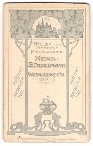 Fotografie Heinrich Stadelmann, Wernigerode, königliches Wappen, Blick zum Schloss im Jugendstilrahmen