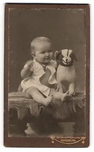 Fotografie Ludwig Mertens, Rendsburg, junger Knabe Karlo mit Stoffhund im Atelier