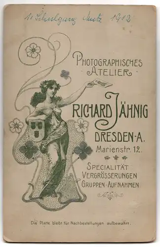 Fotografie Richard Jähnig, Dresden, niedliches kleines Mädchen zum Schulanfang mit Zuckertüte und Ranzen, 1912