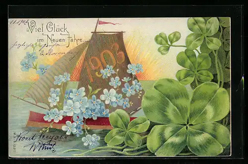 AK Jahreszahl 1903 auf dem Segel des Blumenbootes, Kleeblätter