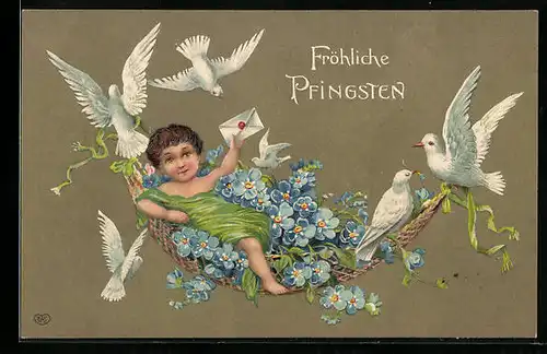 AK Fröhliche Pfingsten, Kind mit Vergissmeinnicht und Tauben