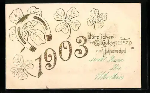 AK Neujahrsgruss, Jahreszahl 1903, Hufeisen und Glücksklee