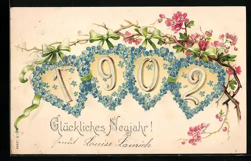 AK Jahreszahl 1902 mit Vergissmeinnicht und Blütenzweigen