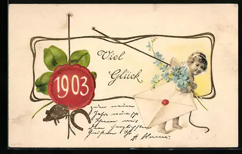 AK Siegel mit Jahreszahl 1903, Engelchen mit Neujahrsgruss