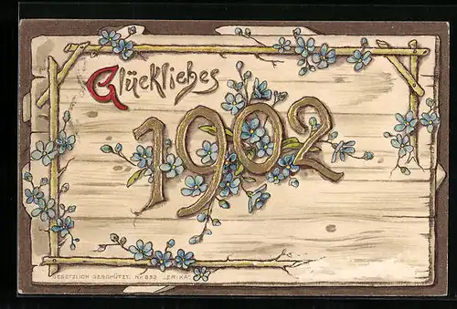 AK Jahreszahl 1902 mit blauen Blüten auf einem Holzbrett