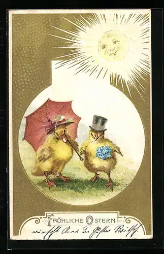 AK Osterküken mit Schirm und Zylinder