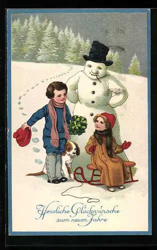 AK Kinder mit Hund und Schneemann im Schnee