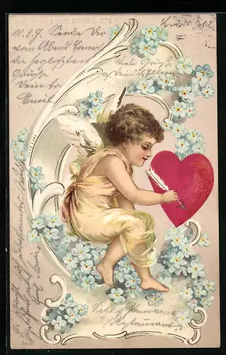 AK Amor mit Herz und Pfeil auf Vergissmeinnicht