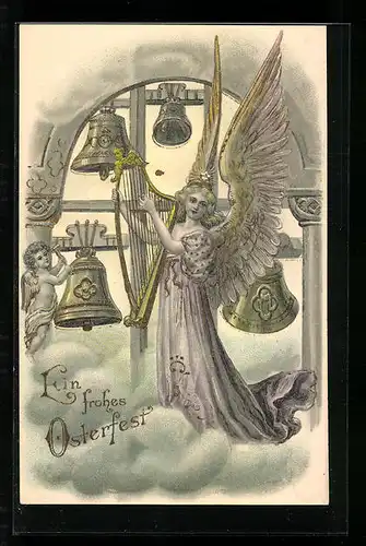 AK Osterengel, mit Harfe im Glockenspiel