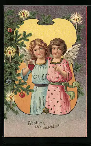 AK Weihnachtsengel neben Christbaum