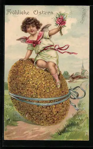 AK Osterengel sitzt auf Osterei