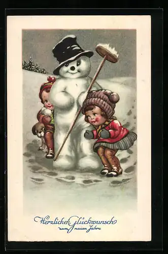 AK Kinder zu Neujahr mit Schneemann