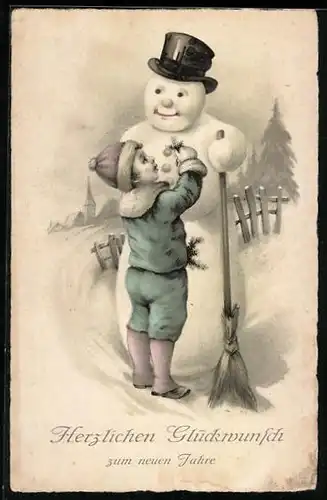 AK Kleiner Junge beschenkt einen Schneemann mit Tannenzweig