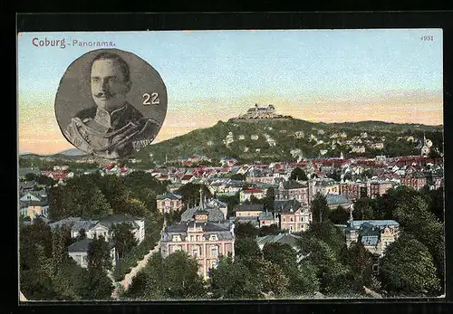 AK Coburg, Panorama mit Veste, Herzog Carl Eduard von Sachsen-Coburg-Gotha