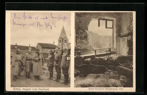 AK Igney-Avricourt, Wirkung einer französischen Granate im Bahnhof 1915, König August von Sachsen
