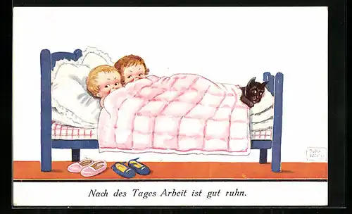Künstler-AK John Wills: Pärchen mit Hund im Bett