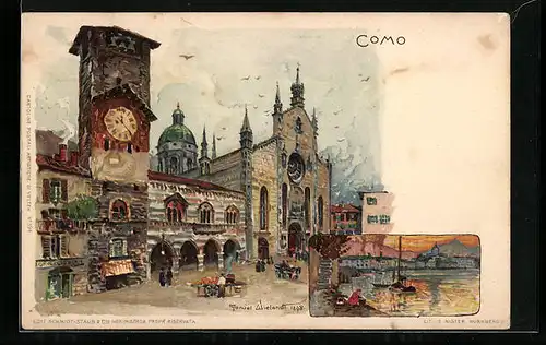 Künstler-AK Manuel Wielandt: Como, Ortspartie mit Kirche, Uferpartie