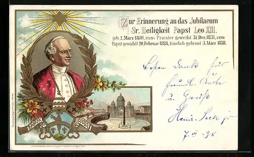 AK Jubilaeum Sr. Heiligkeit Papst Leo XIII., geb. 1810, zum Priester geweiht 1837, zum Papst Gewählt 1878