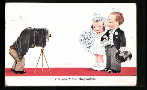 Künstler-AK John Wills: Hochzeitspaar bei einem Fotografen