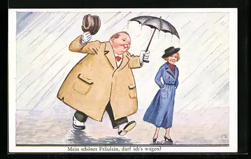 Künstler-AK John Wills: Dicker Mann nimmt Frau unter seinen Regenschirm