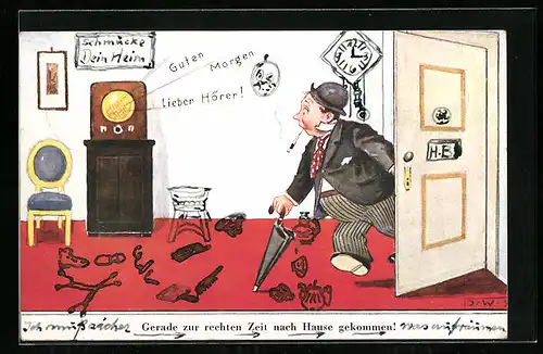 Künstler-AK John Wills: Betrunkener mit Schirm kommt morgens nach Hause