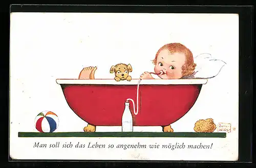 Künstler-AK John Wills: Kind in der Badewanne trinkt aus einer Flasche